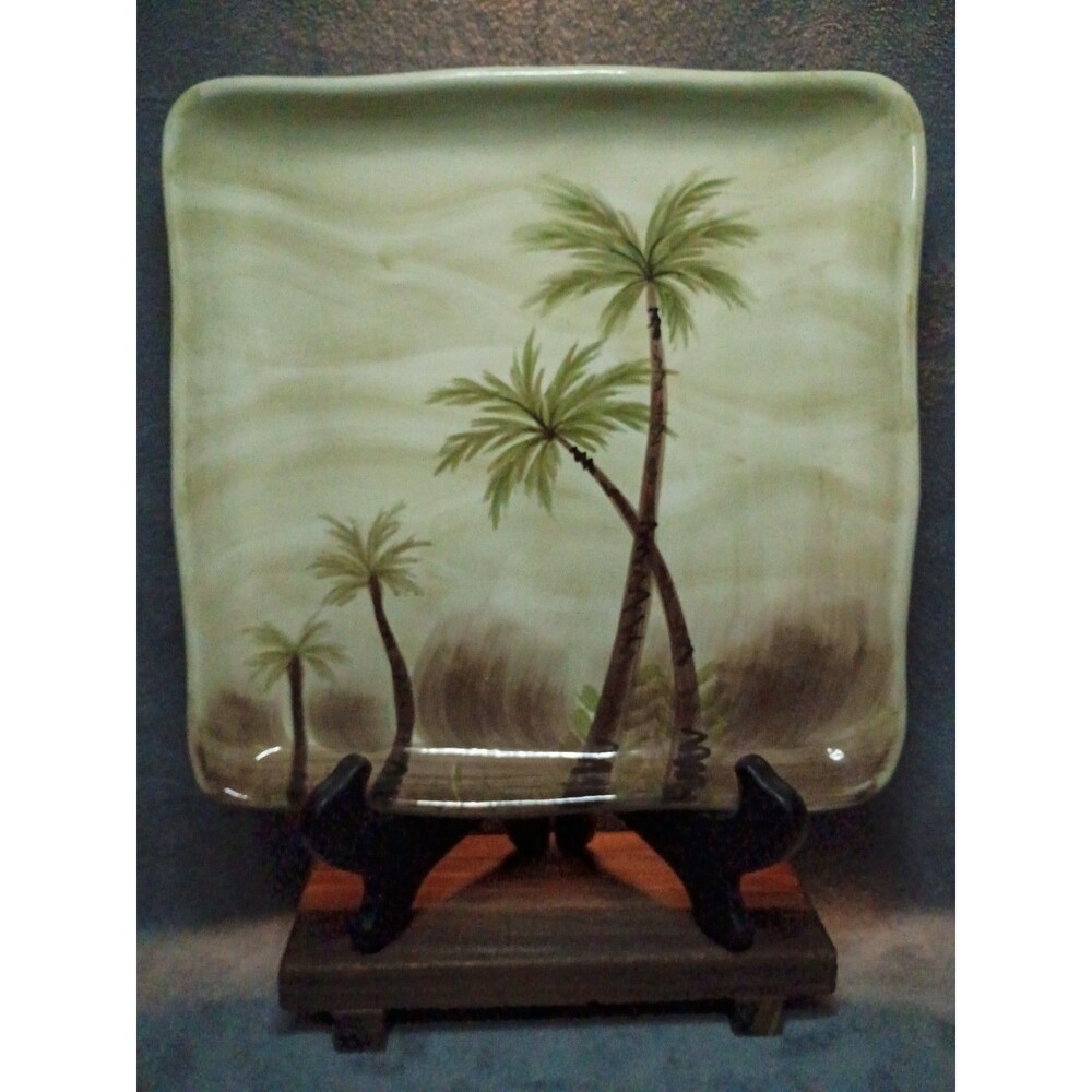 Tabletops Gallery Bahamas Hand Painted Ceramic Square Dinner Plate Palm Tree 11"